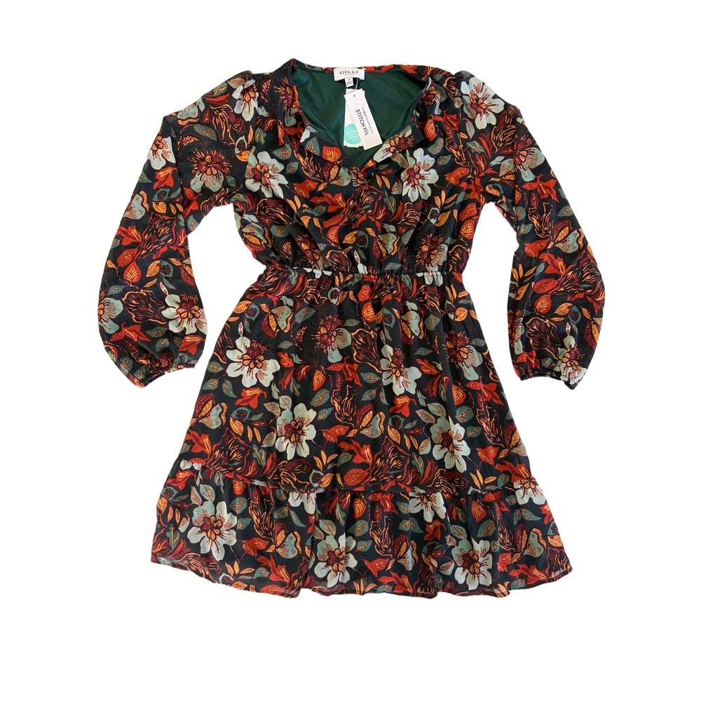 Gilli Caiti Chiffon Dress Womens M Dark Green Floral Long Sleeve Tiered Stitch F